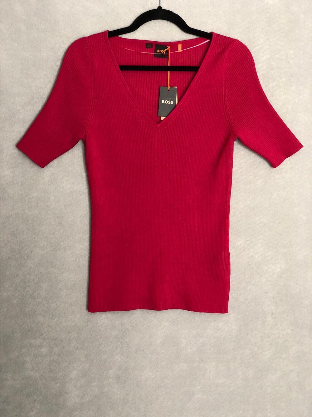 BOSS Ribbed Short Sleeve Knit Top V-Neck in Medium Pink Women's Large NEW